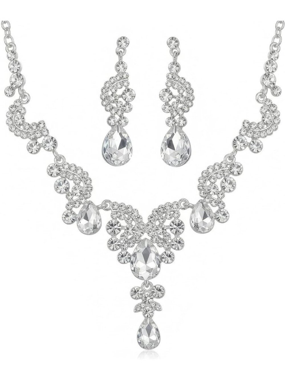 Elegant Silver Tone Rhinestone Bridal Necklace Set with Teardrop Earrings for
